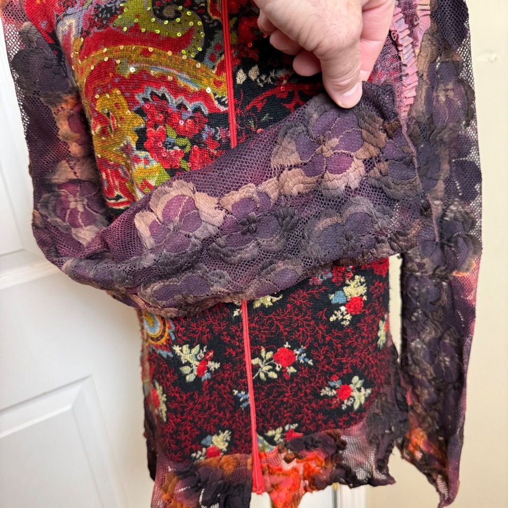 Alberto Makali Womens Red Paisley Floral Sequin Lace Zip Front Top Large - Picture 3 of 9